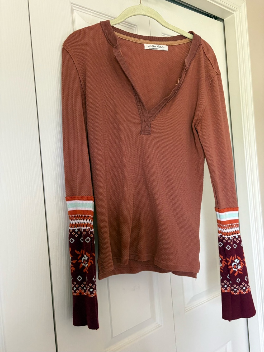 Free People We The Free Fair Isle Cuff Waffle Thermal Top Rust Large